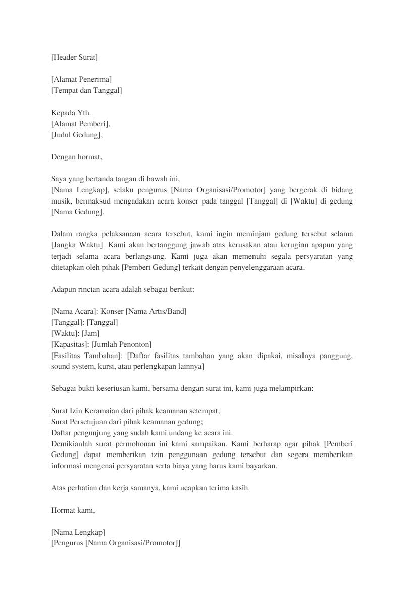 contoh surat peminjaman gedung untuk acara konser