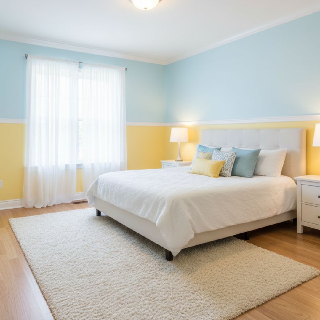 Kombinasi Cat Dinding Kamar 2 Warna Biru Muda dan Kuning Cerah