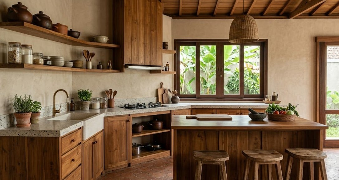 1. Desain Dapur Tradisional Minimalis dengan Dominasi Elemen Kayu