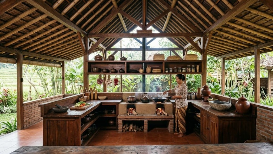 2. Gambar Dapur Tradisional Minimalis Etnik Indonesia dengan Atap Tinggi