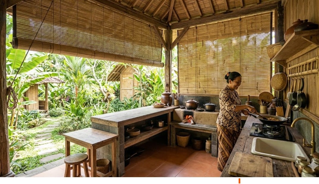 3. Konsep Dapur Tradisional Minimalis Semi Terbuka dengan Tirai Bambu