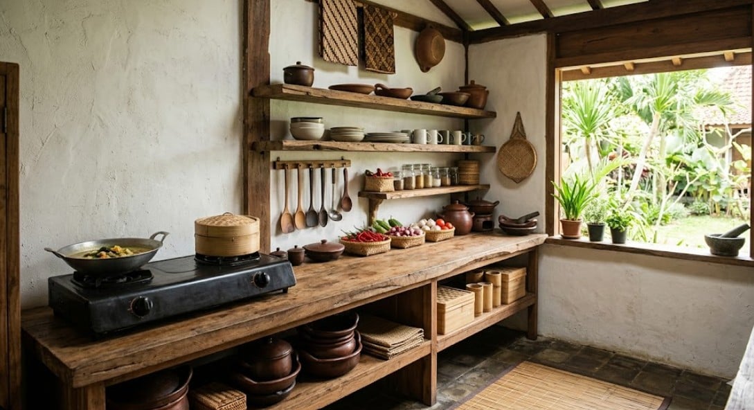 4. Dapur Tradisional Minimalis dengan Tempat Penyimpanan Terbuka