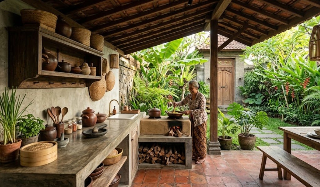 5. Dapur Tradisional Minimalis Terbuka di Samping Taman