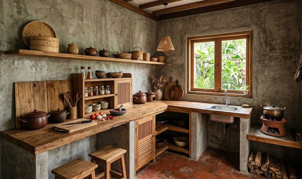 6. Dapur Tradisional Minimalis dengan Dinding Semen Ekspos dan Material Kayu di Dapur