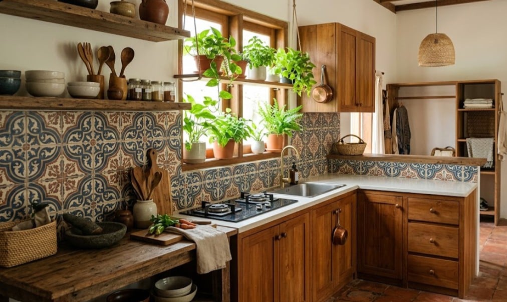 7. Dapur Tradisional Minialis dengan Backsplash Motif dan Tanaman Hijau di Area Dapur