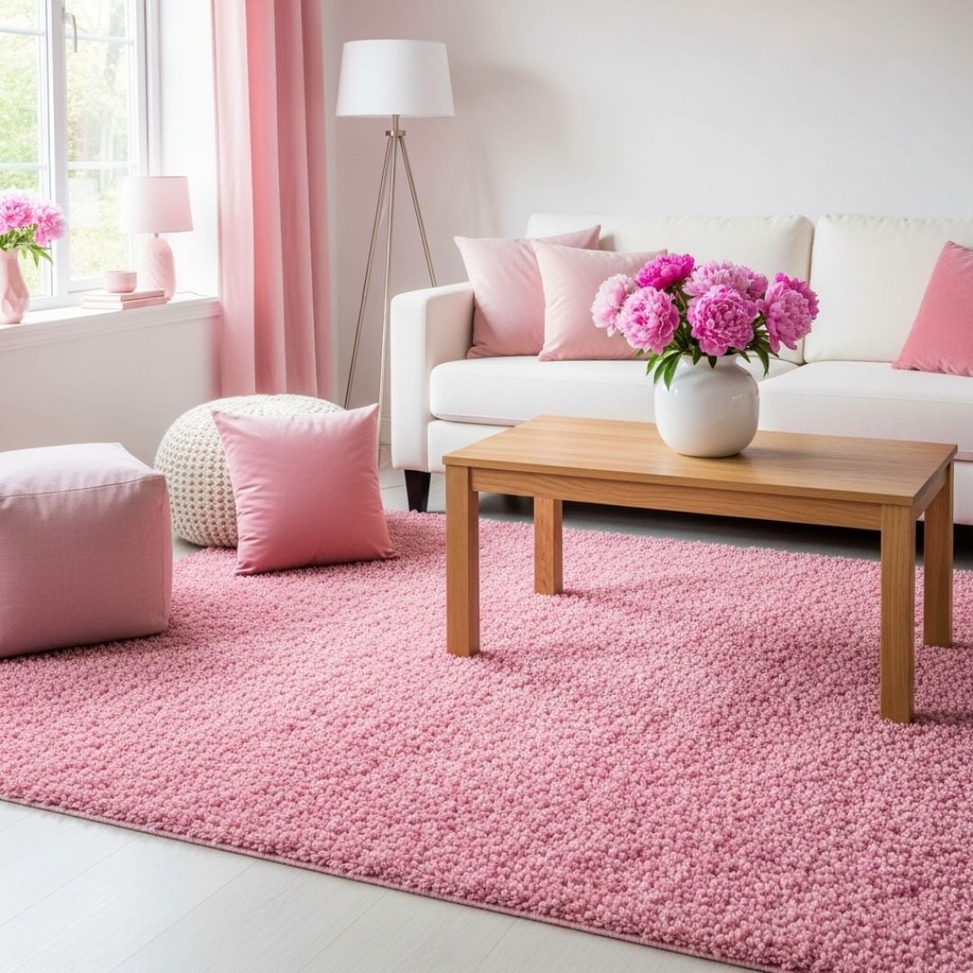 2. Dekorasi Ruang Tamu Warna Pink dengan Tambahan Karpet