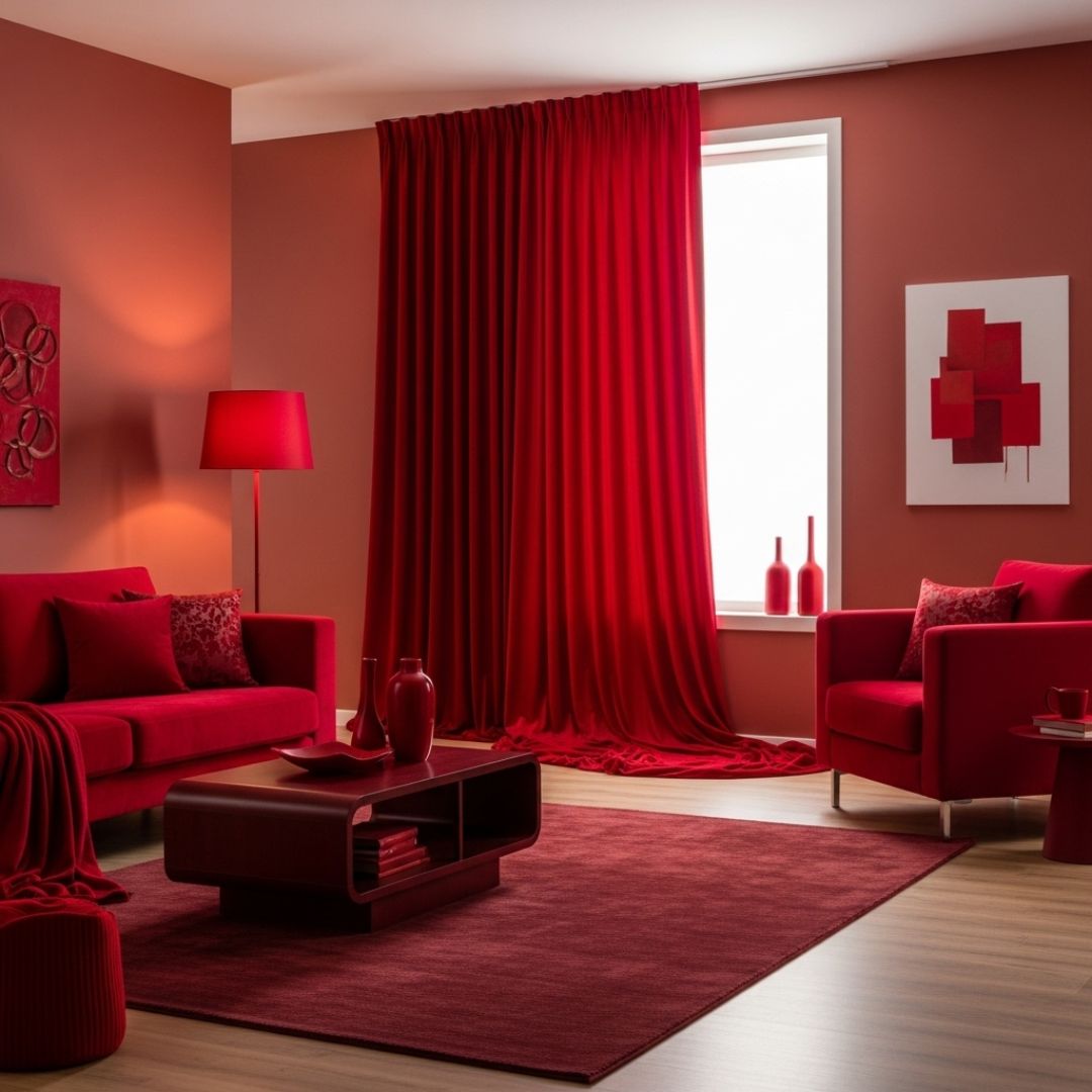 3. Desain Kamar Monokrom dengan Gorden Merah Besar