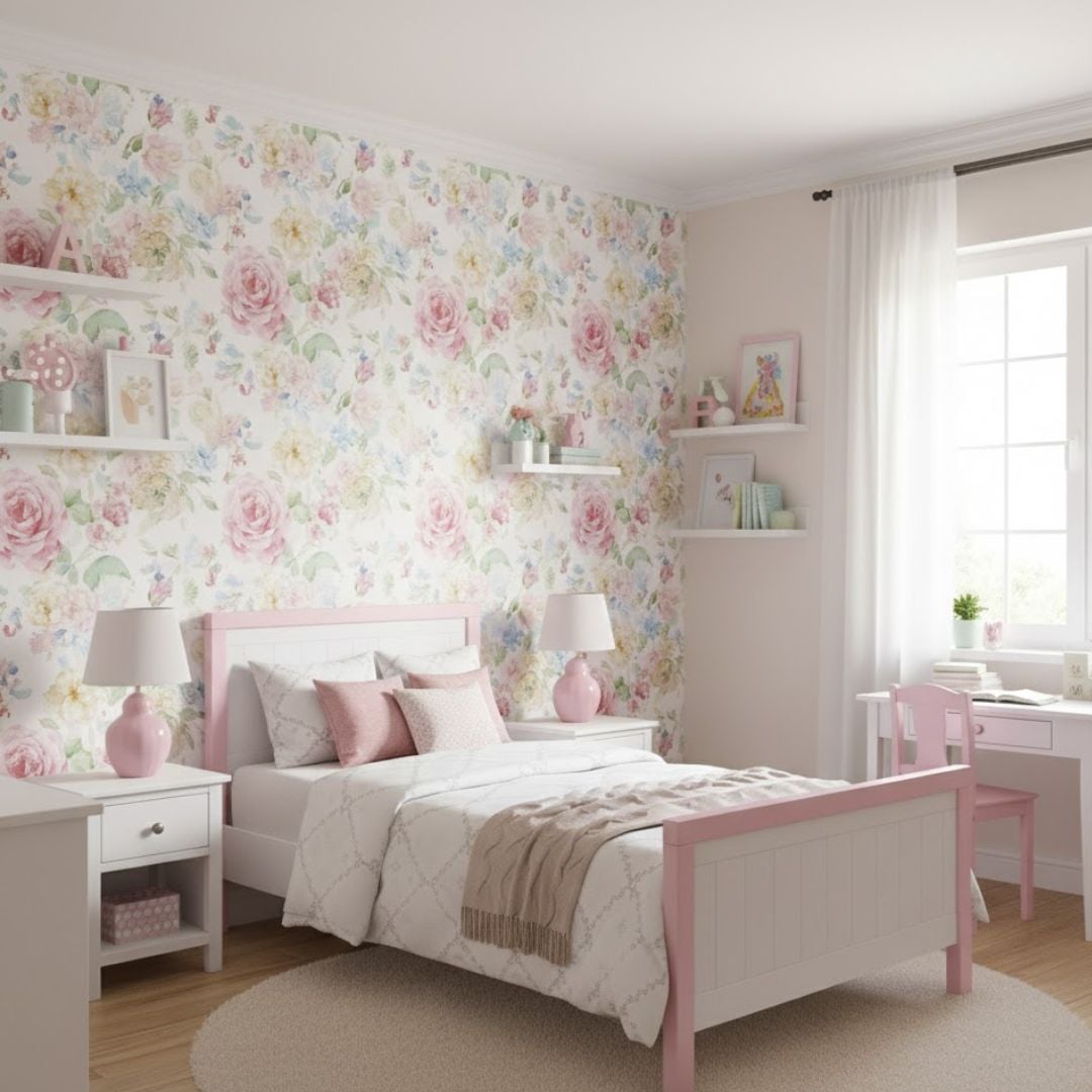 3. Kamar Anak Perempuan dengan Wallpaper Floral