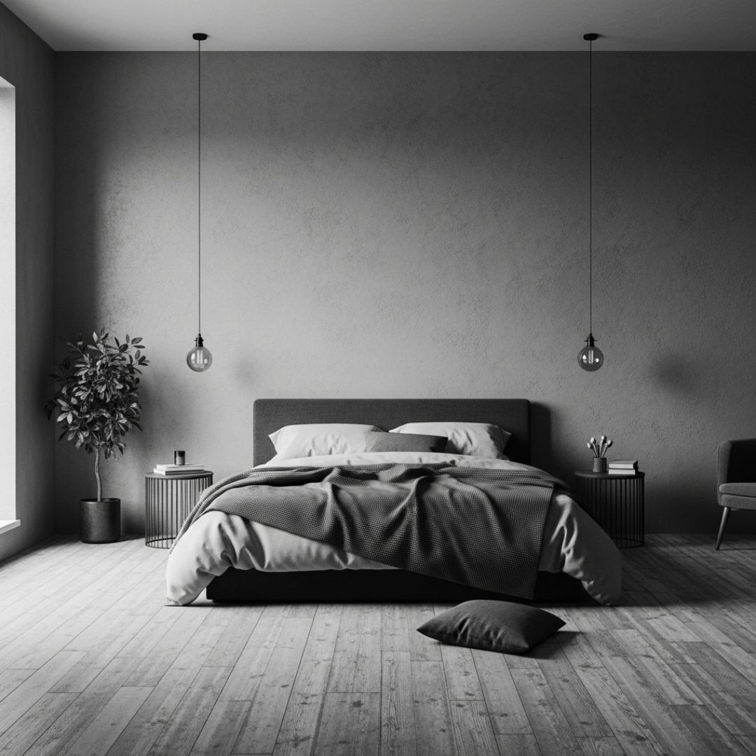 4. Desain Kamar Monokrom Industrial