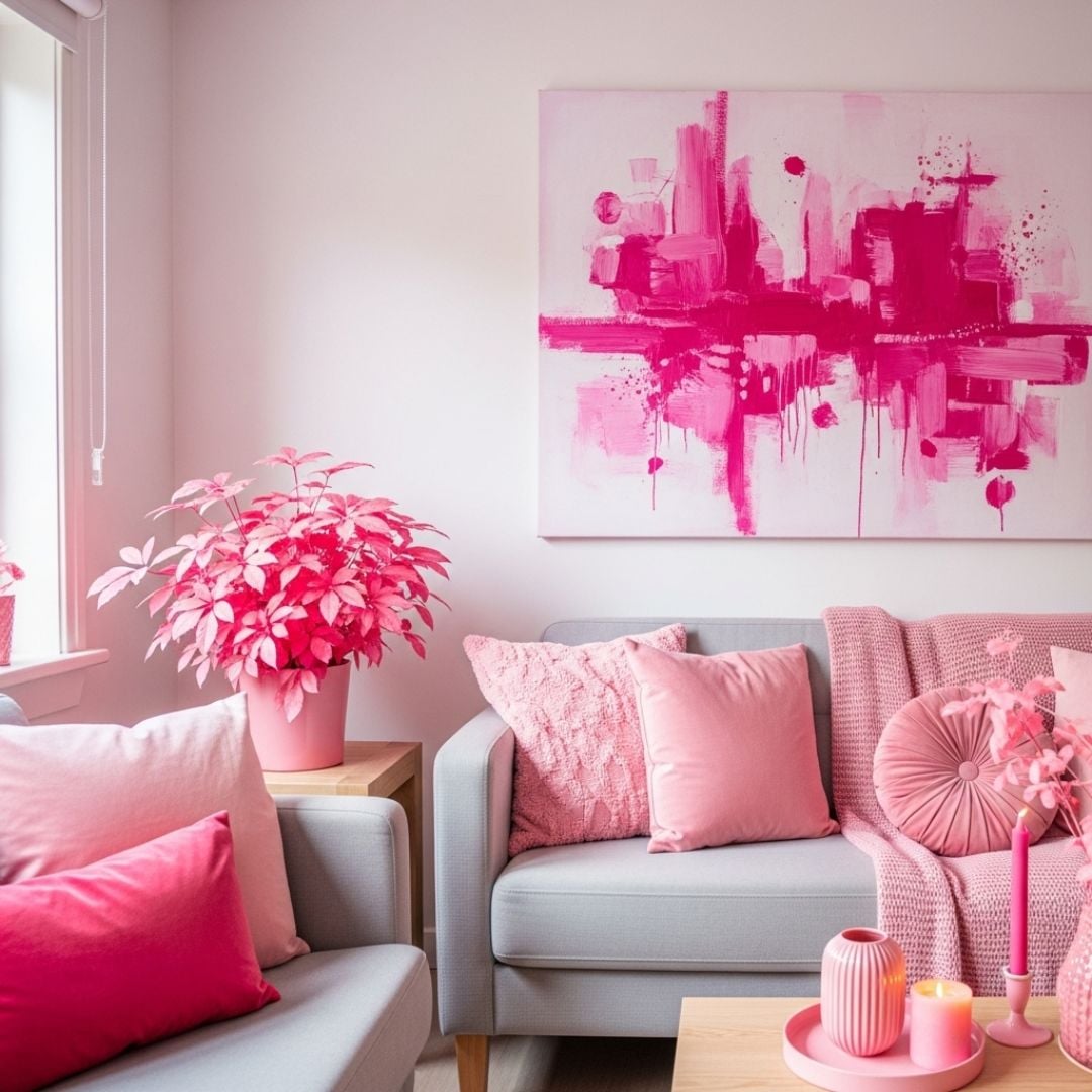 5. Dekorasi Ruang Tamu Warna Pink dengan Lukisan