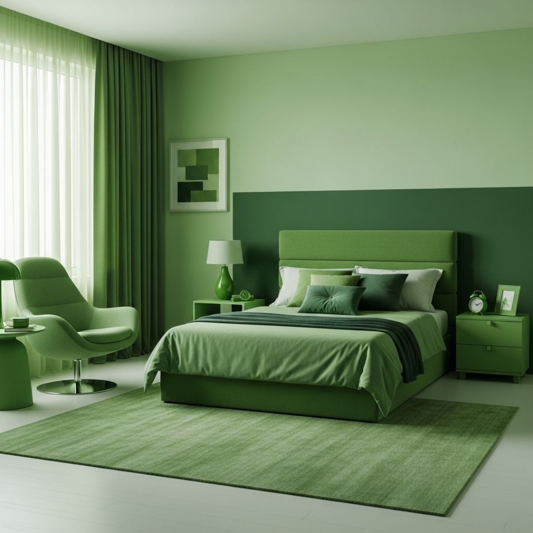 7. Desain Kamar Monokrom Serba Hijau