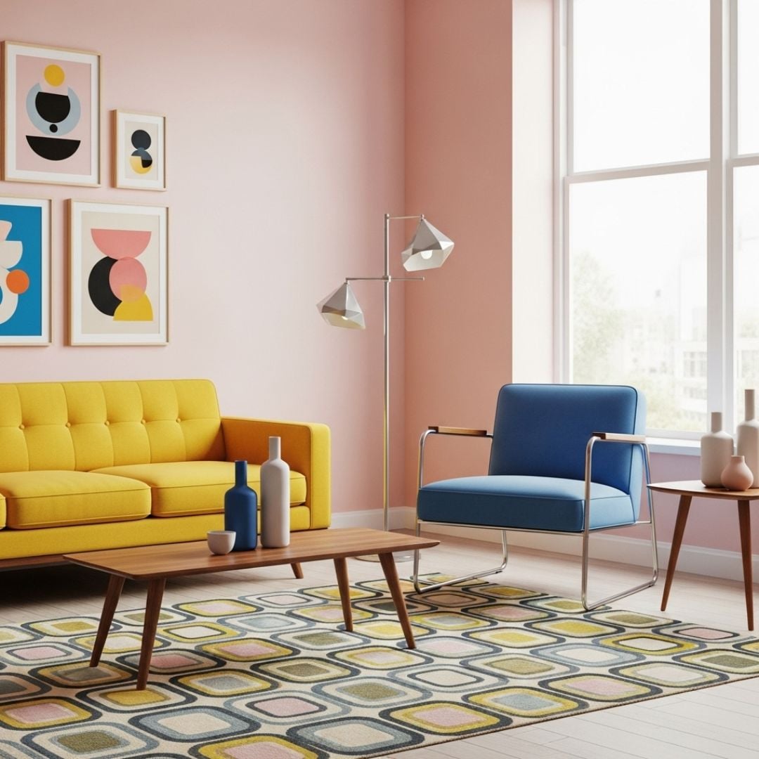 8. Ruang Tamu Kombinasi Gaya Retro dan Modern