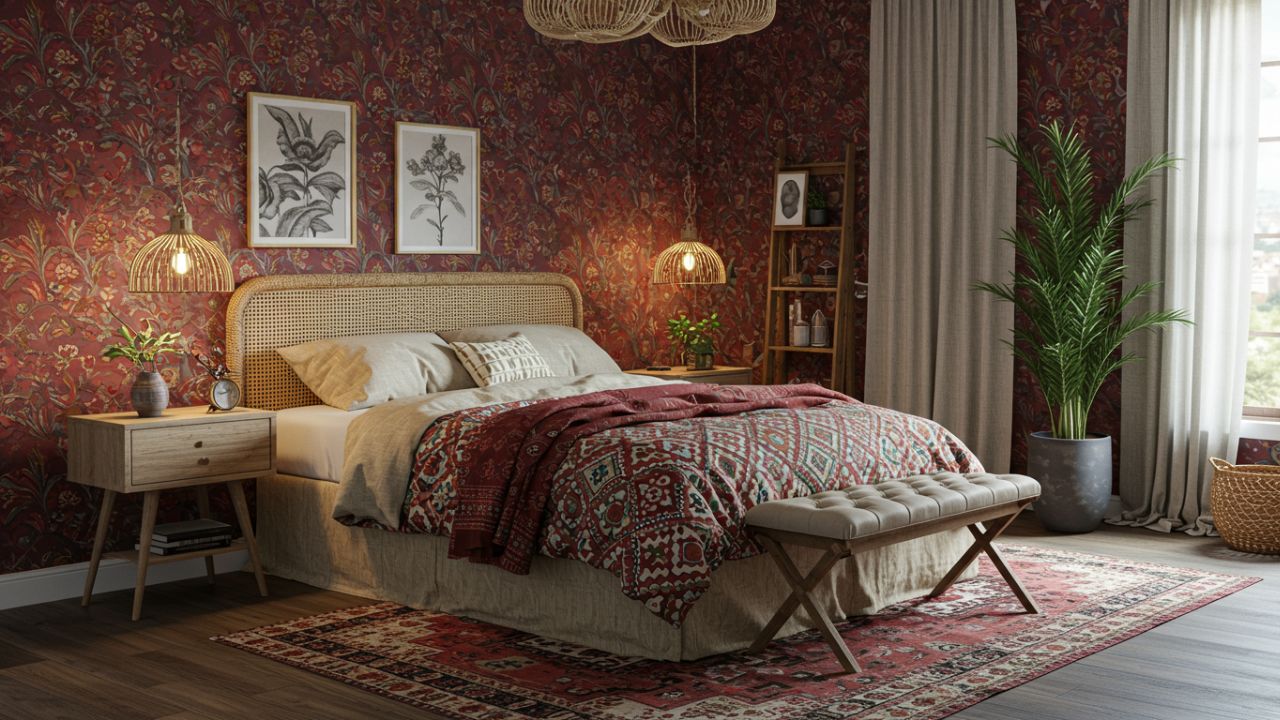 1. Desain Kamar Tidur Bohemian Warna Kemerahan Penuh dengan Wallpaper