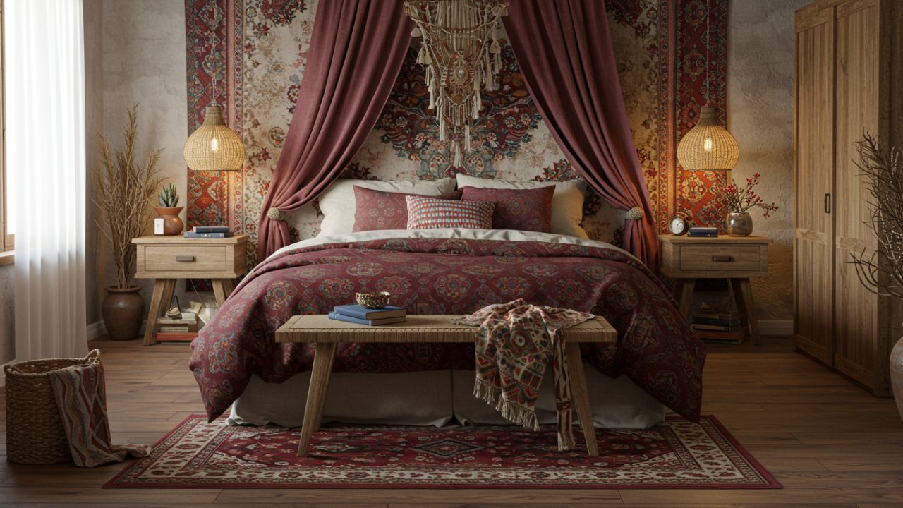18. Kamar Tidur Bohemian dengan Karpet Motif Berwarna Merah