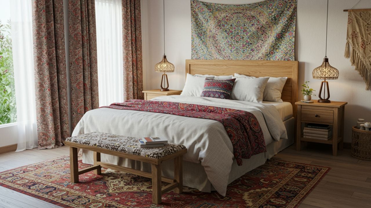 2. Kamar Tidur Bohemian Motif Etnik dan Karpet Warna-warni