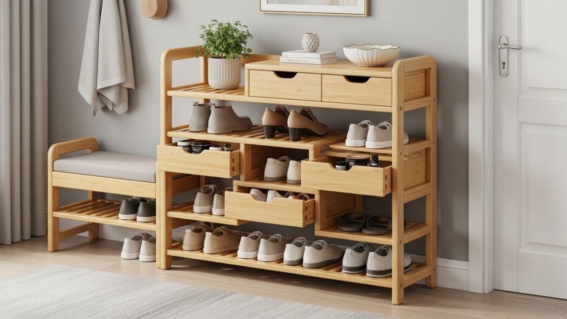 7 Inspirasi Desain Rak Sepatu Kayu yang Estetik Buat di Dalam Rumah