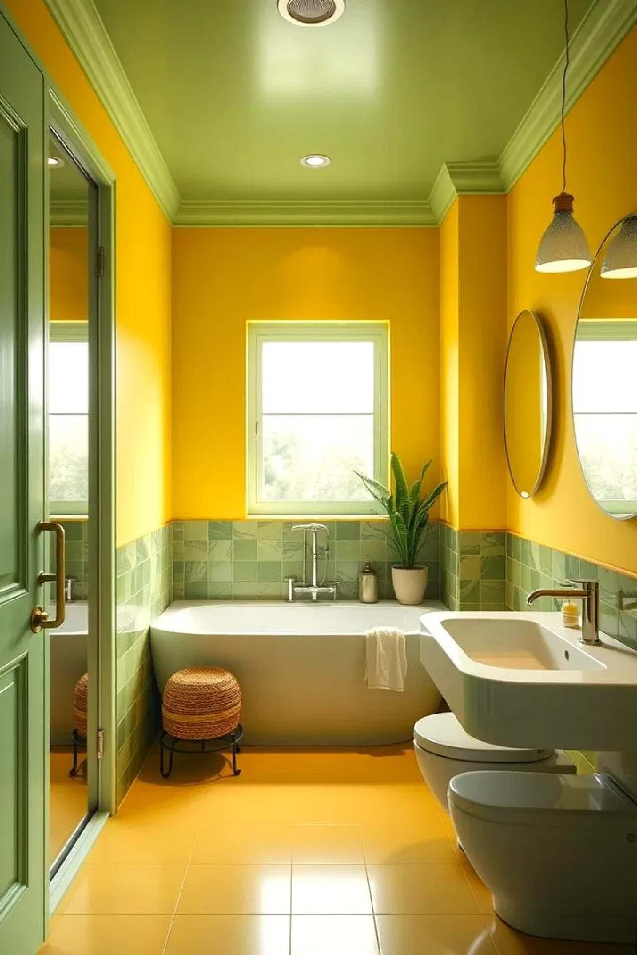 Kombinasi Warna Cat Kamar Mandi Kuning dan Hijau
