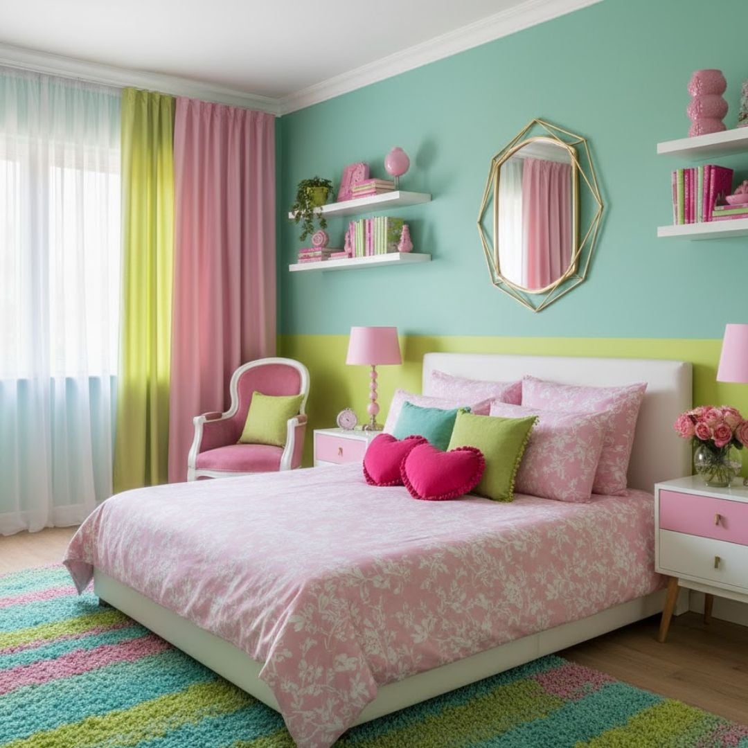 4. Kombinasi Warna Rumah Hijau Tosca dan Pink untuk Kamar Tidur Penuh Dekorasi