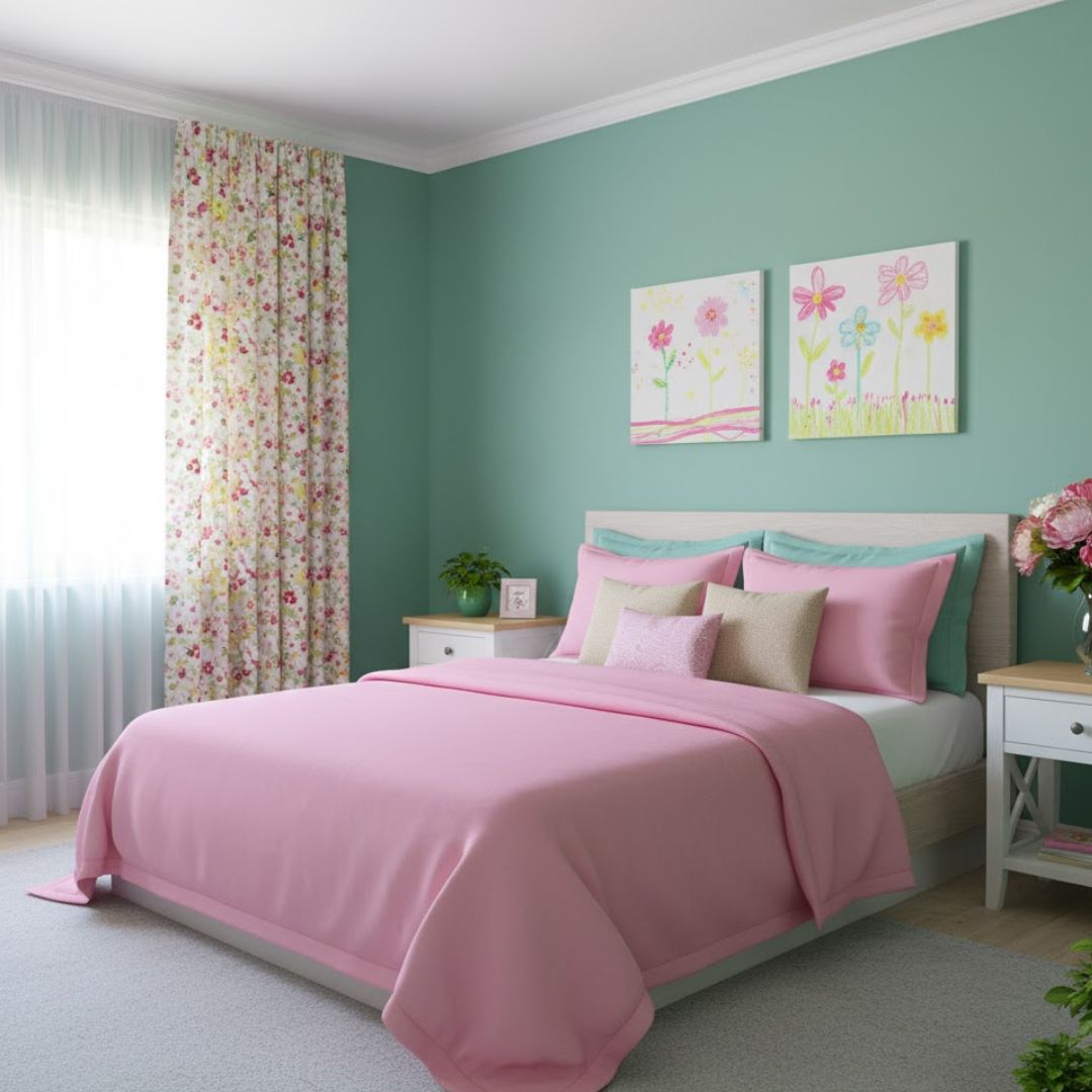 5. Kombinasi Warna Rumah Hijau Tosca dan Pink untuk Kamar Tidur Bernuansa Lembut