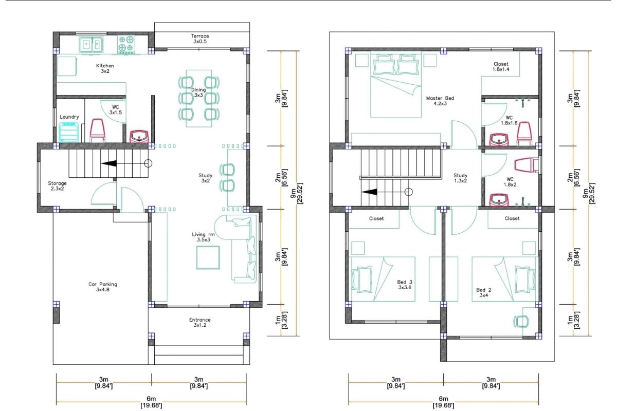 1. Denah Rumah 6x9 3 Kamar Tidur Tanpa Garasi yang Memiliki 2 Lantai
