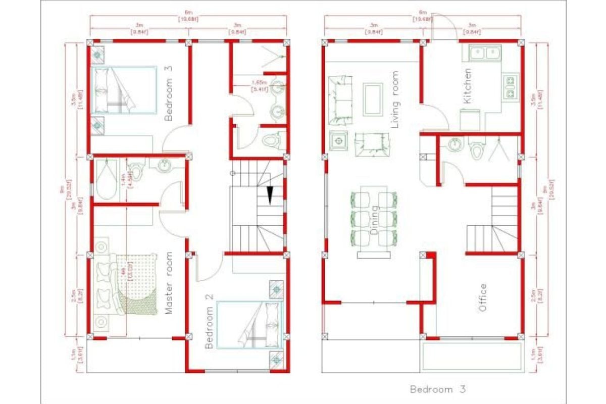Denah Rumah 6x9 3 Kamar Tidur Tanpa Garasi dengan Kantor