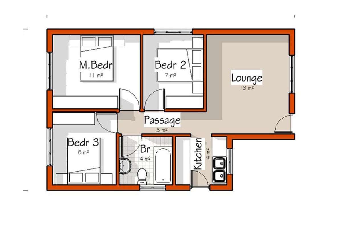 4. Denah Rumah 6x9 3 Kamar Tidur Tanpa Garasi yang Memiliki Lounge