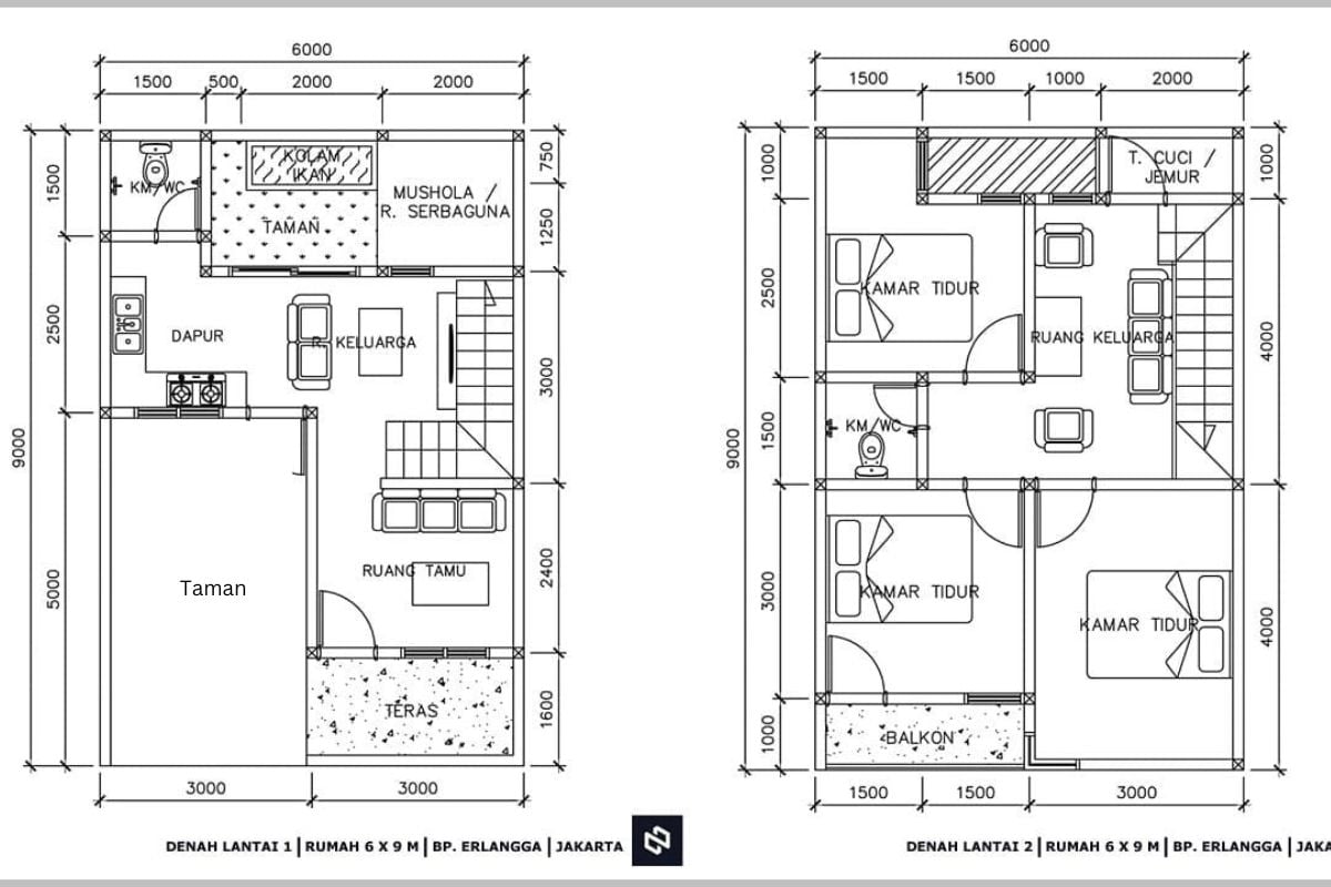 5. Denah Rumah 6x9 3 Kamar Tidur Tanpa Garasi yang Memiliki Dua Ruang Keluarga