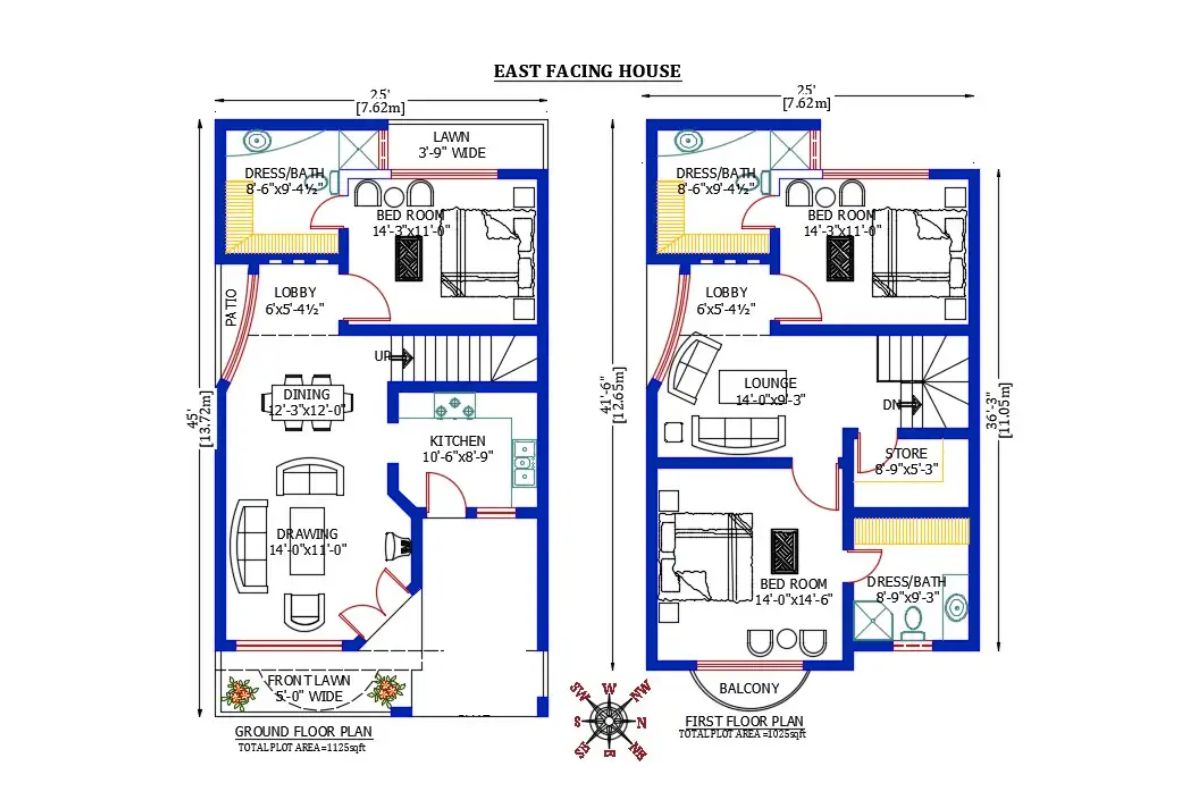 Denah Rumah 6x9 3 Kamar Tidur Tanpa Garasi dengan Dua Pintu Depan