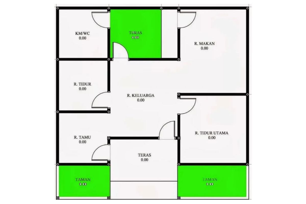 Denah Rumah 6x9 3 Kamar Tidur Tanpa Garasi dengan Taman Belakang