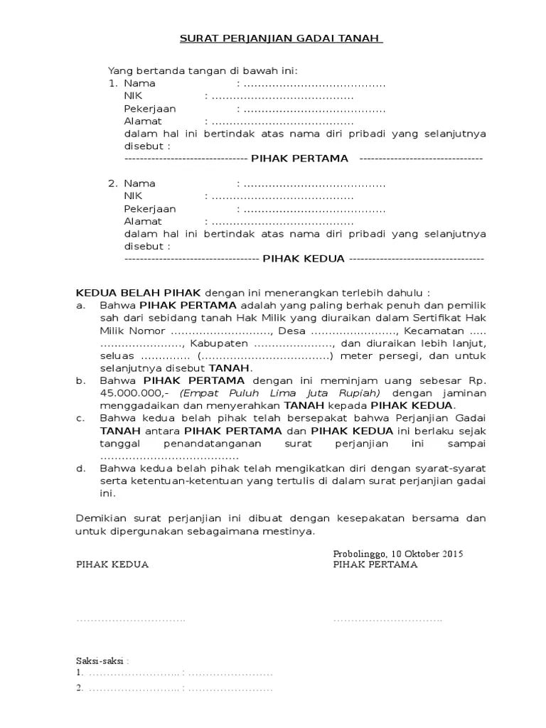 Contoh Surat Perjanjian Gadai Tanah Terbaru