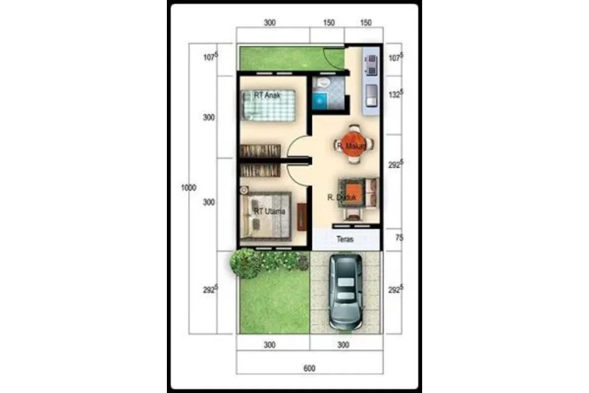 Denah Rumah Type 36 dengan Dapur Belakang
