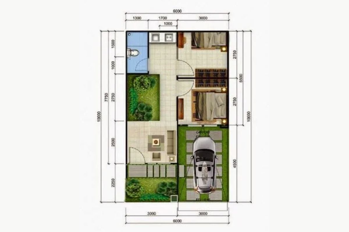 Denah Rumah Type 36 dengan Taman di Dalam