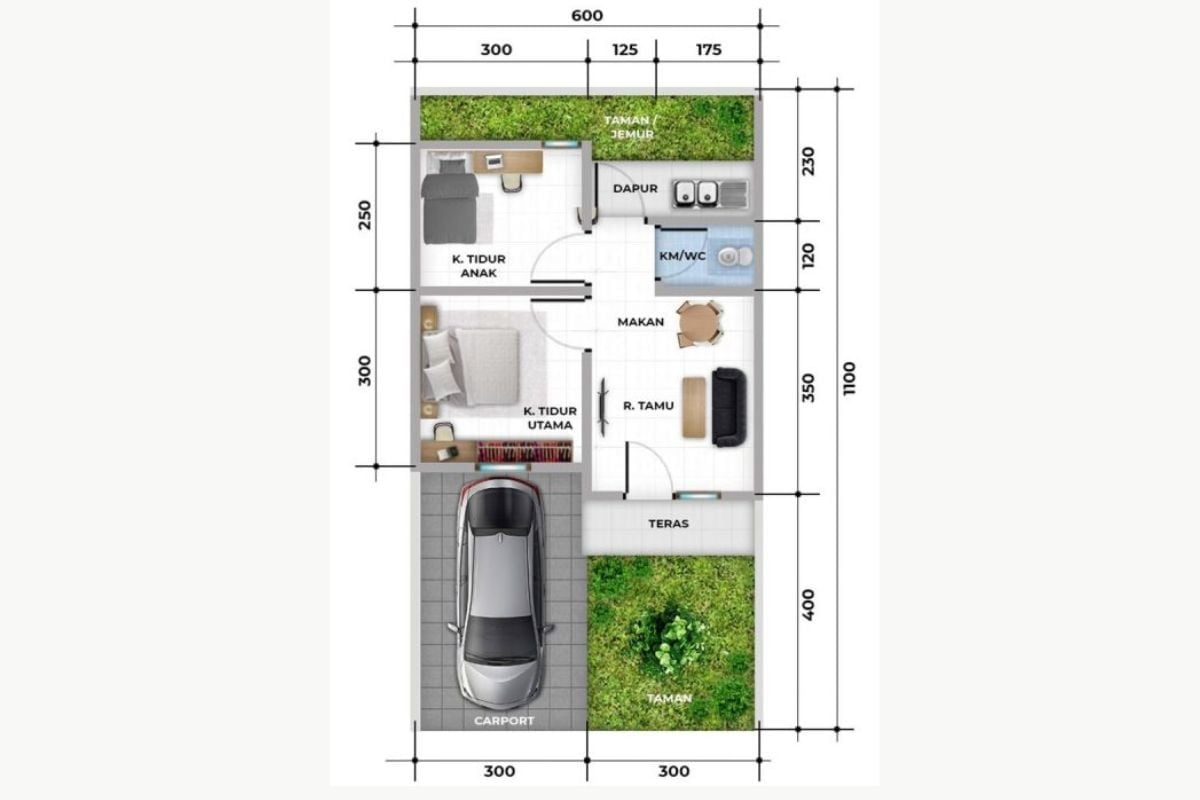 Denah Rumah Type 36 dengan Carport Dekat Kamar Tidur