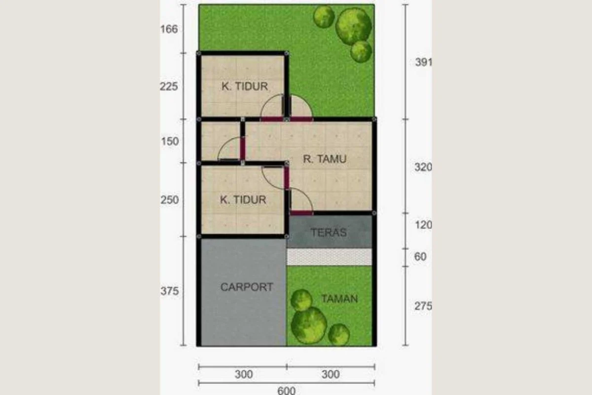 Denah Rumah Type 36 Subsidi dengan Taman