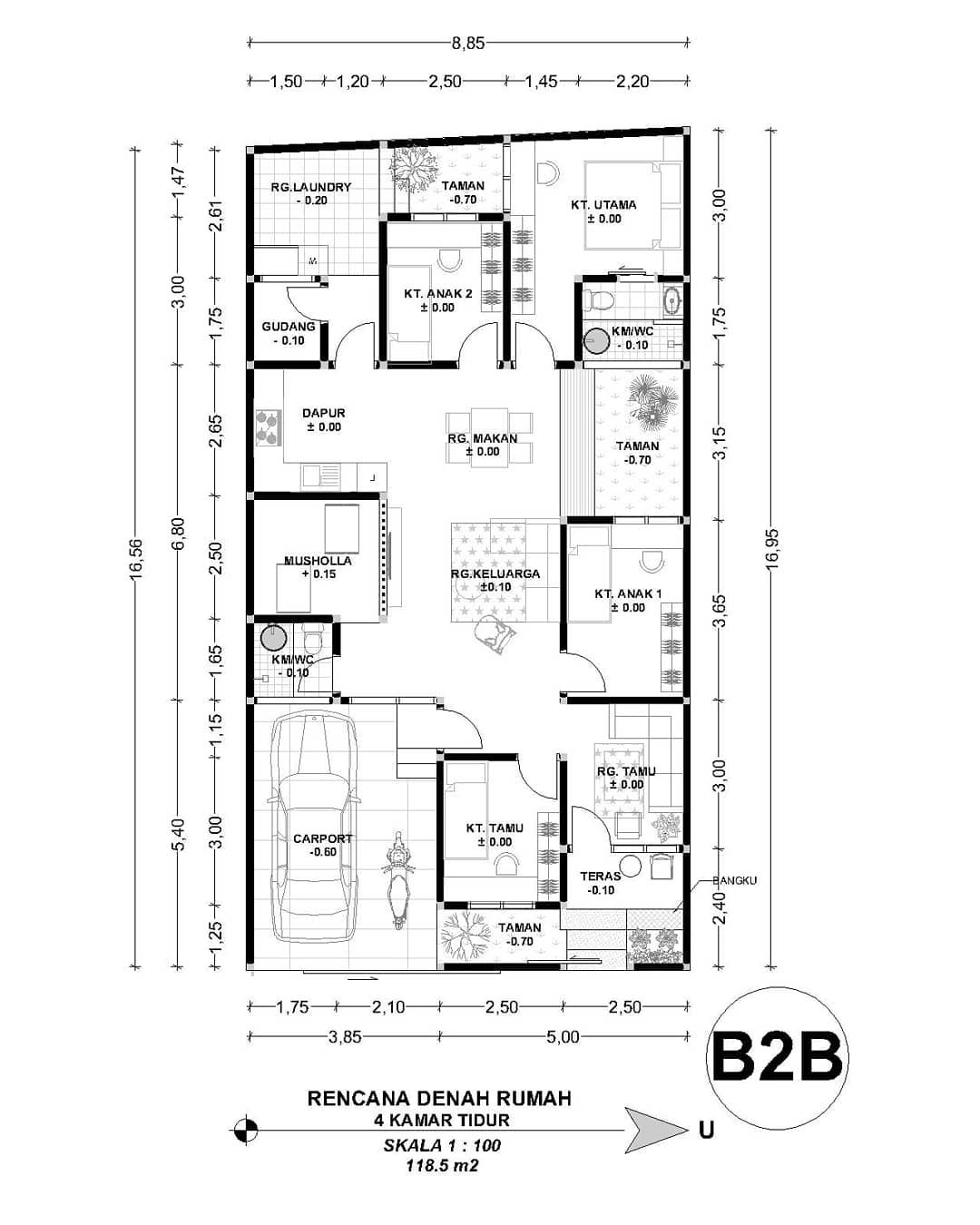 Denah Rumah 4 Kamar dengan Gudang dan Ruang Laundry