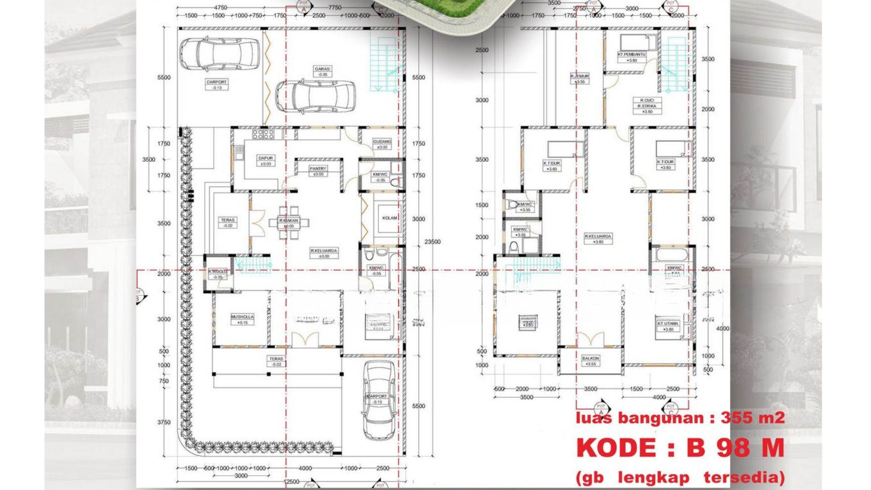 Denah Rumah Hook 2 Lantai dengan Carport Luas