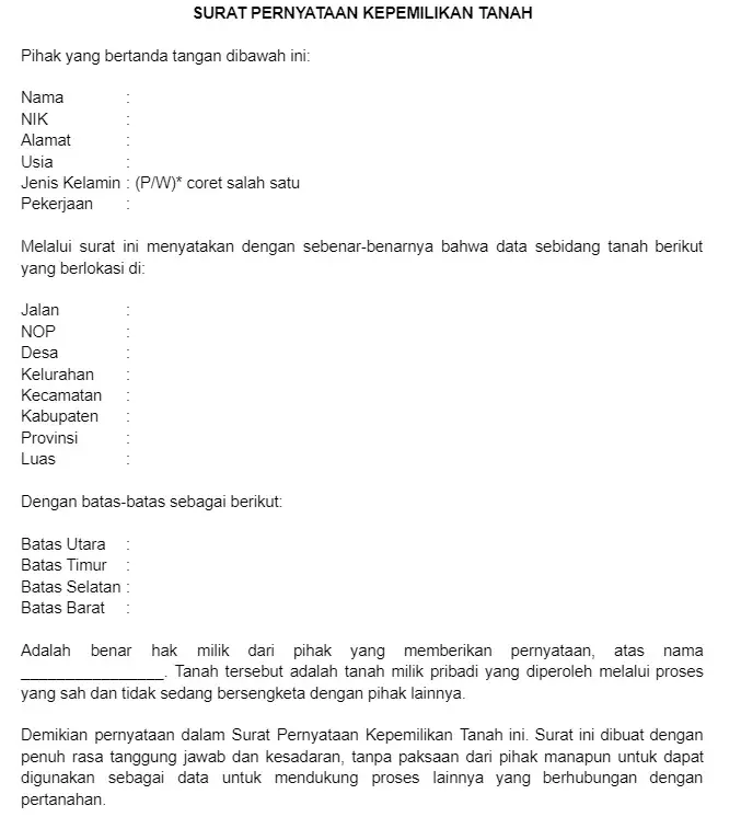 Contoh Surat Pernyataan Kepemilikan Tanah Pribadi