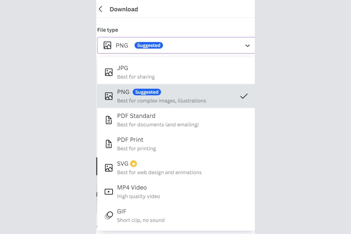 Opsi download di aplikasi Canva