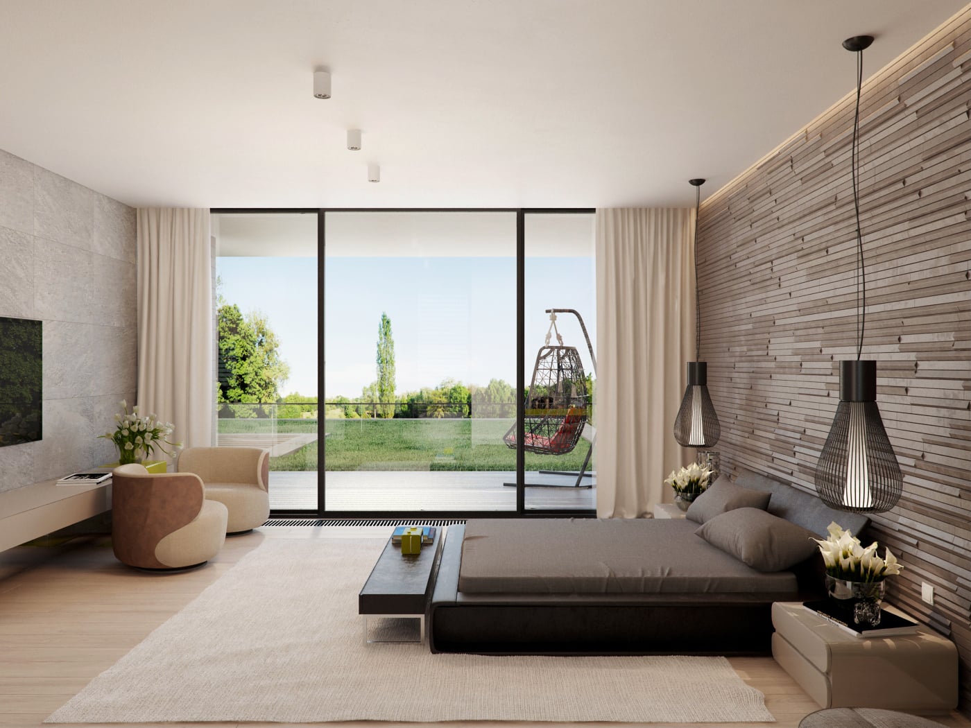 Interior Kamar Tidur Beige dengan Material Batu Alam
