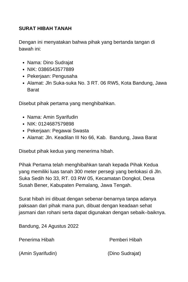 Contoh Surat Hibah Tanah