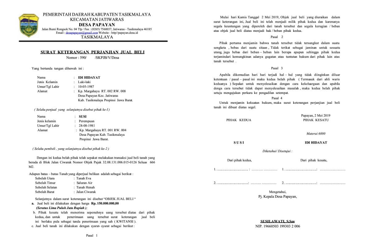 contoh surat jual beli tanah dari kepala desa