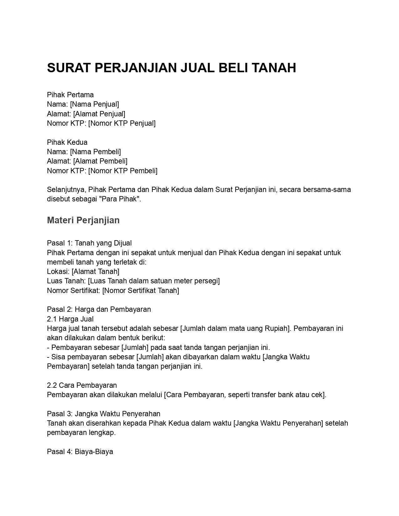 Surat Perjanjian Jual Beli Tanah Sederhana
