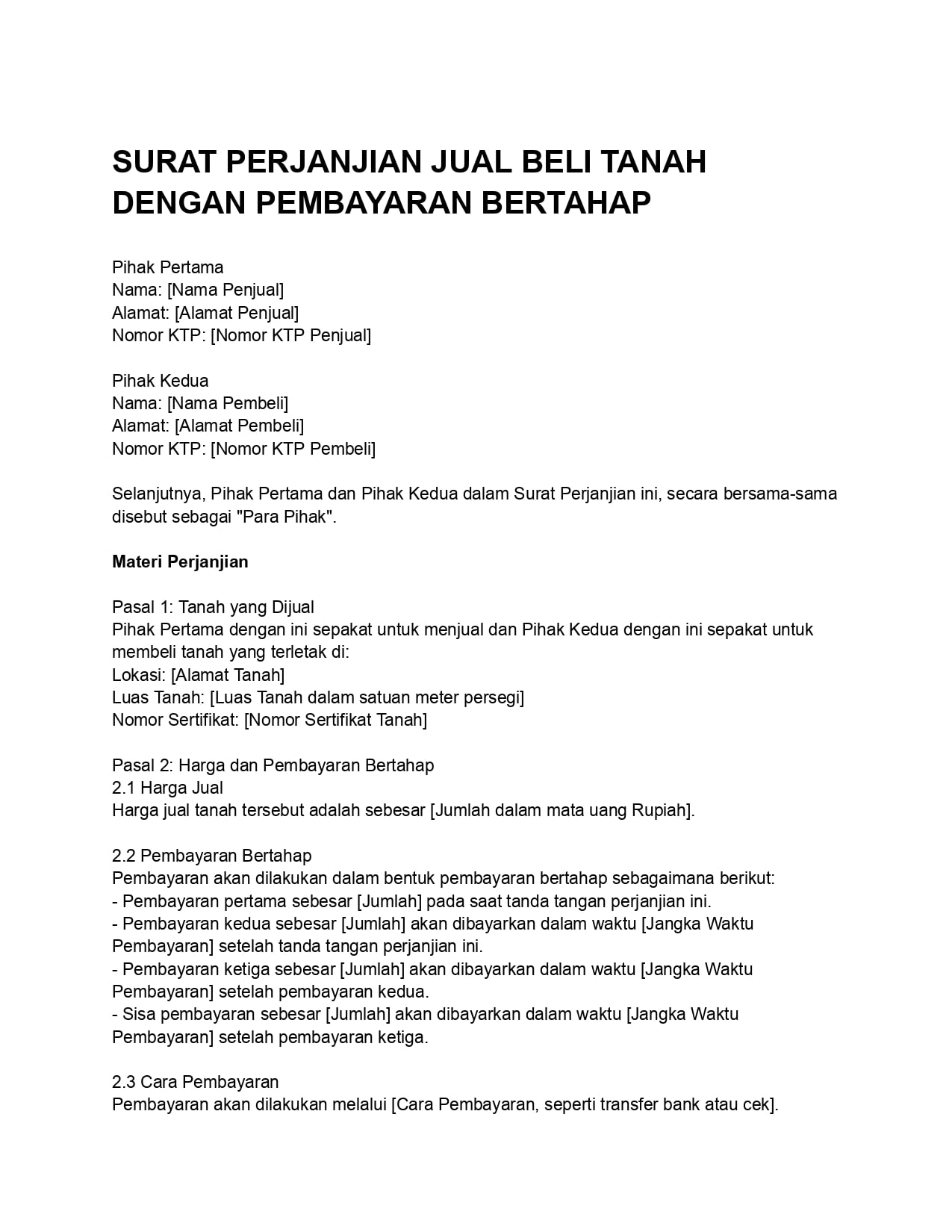 SURAT PERJANJIAN JUAL BELI TANAH DENGAN PEMBAYARAN BERTAHAP
