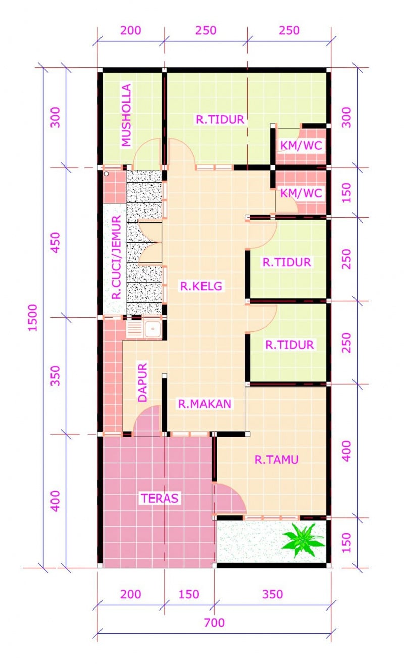 denah rumah 4 kamar 1 mushola