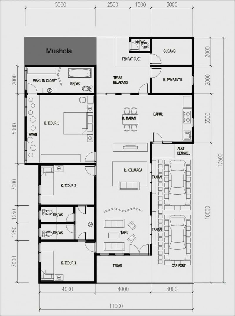 denah rumah 4 kamar 1 mushola