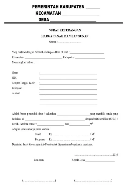 surat keterangan harga tanah dari kelurahan