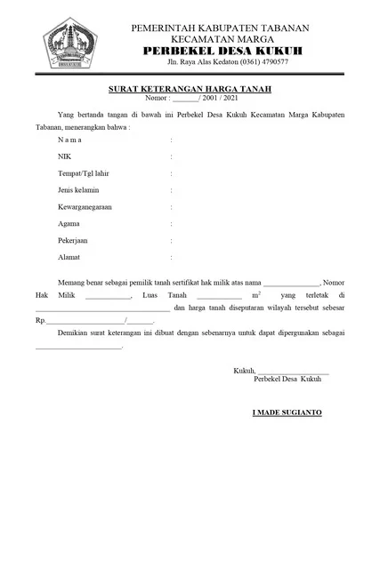 surat keterangan harga tanah dari kelurahan