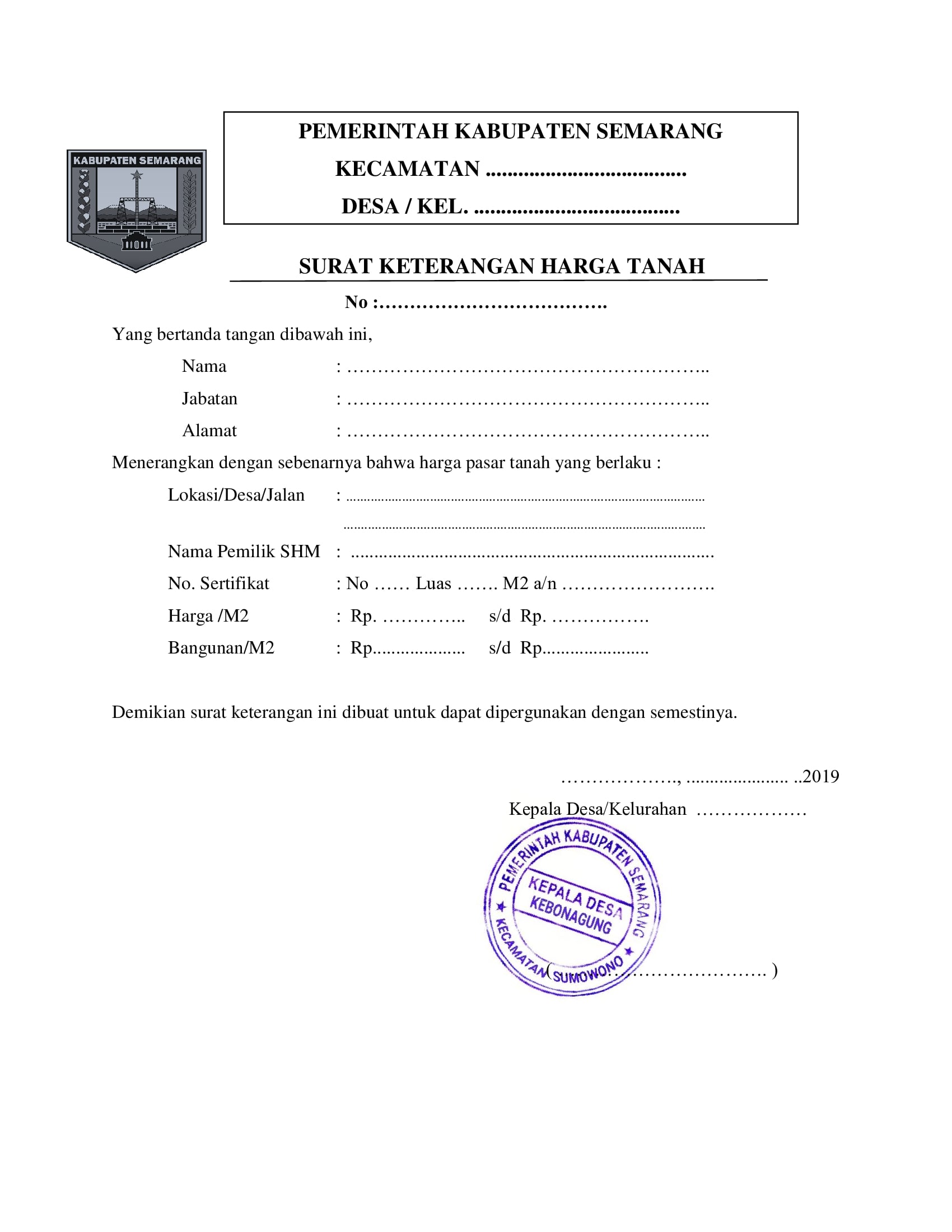 contoh surat keterangan harga tanah dari kelurahan