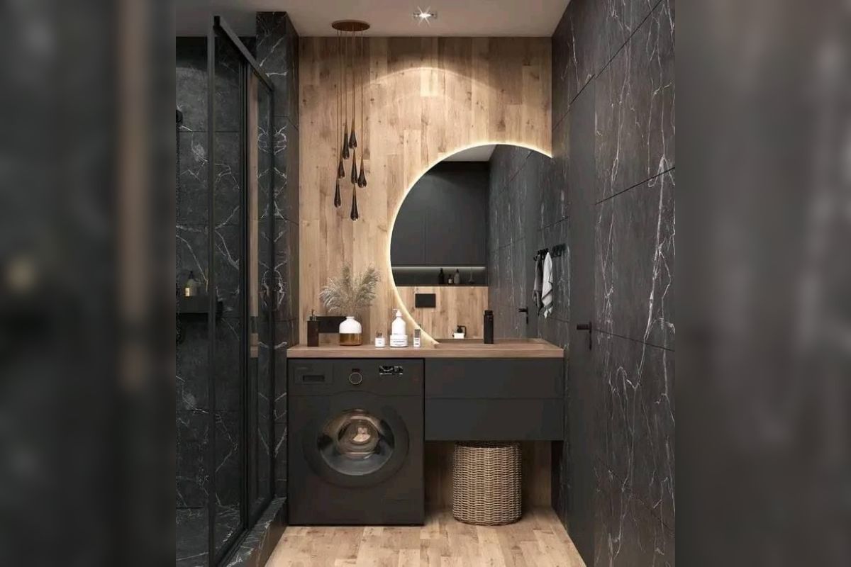 Lantai dan Dinding Kamar Mandi Kayu dan Abu-abu Gelap
