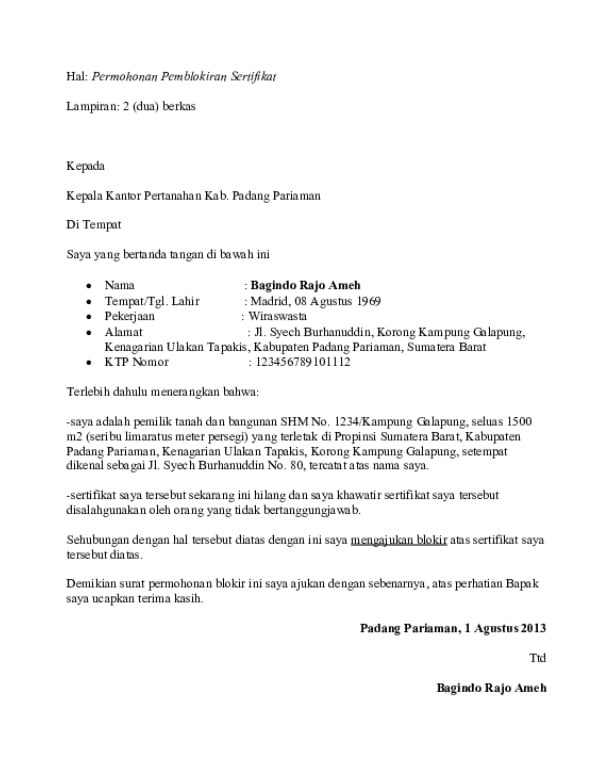 contoh surat permohonan pemblokiran sertifikat di bpn